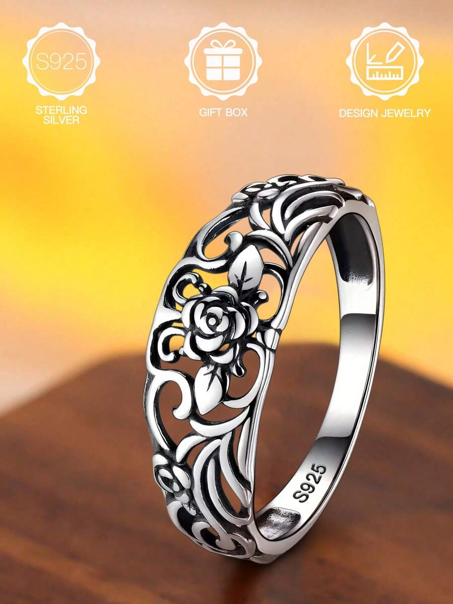 1pc S925 Sterling Silver Gothic Rose Thorn Design Ring For Women, Vintage Hollow Carved, Low Allergy, Suitable For Daily Wear, Wedding Proposal, Halloween, Valentine's Day, Mother's Day, Music Festival Gift, Comes With Gift Box