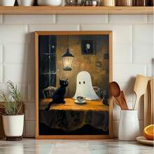 1 件/2 件复古简约可爱幻想风格帆布印刷装饰海报，两个万圣节鬼魂和一只喝咖啡的小黑猫，万圣节墙壁艺术，儿童房、咖啡馆、甜品店、万圣节主题空间的装饰品，无框