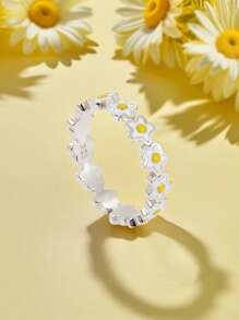 1 Stück 925 Sterling Silber Hypoallergener Ring in Blumenform mit gelber Emaille - süß und niedlich - perfekt für den täglichen Sommer-Stil von Mädchen oder Picknick-Ausflüge - ideales Geburtstags-/Feiertagsgeschenk für Töchter/Enkelinnen