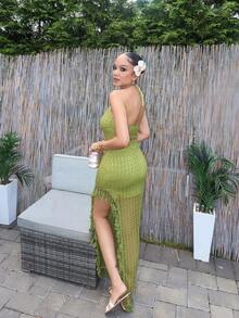 Melissa Matos Vestido sexy bohemio con patrón de ganchillo de ondas, abertura alta, espalda descubierta y flecos en el bajo. Adecuado para salidas casuales, citas, cumpleaños, fiestas, discotecas, resorts de isla, vacaciones, atuendos de festival y fiesta - Verde - Ver 3