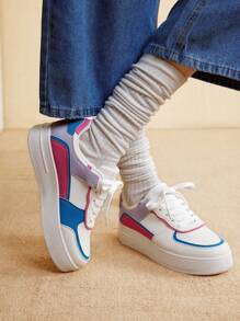 Women's Fashion Lace-Up Thick Soled Casual Sneakers, Waterproof Platform White Sport Shoes, For Autumn & Spring