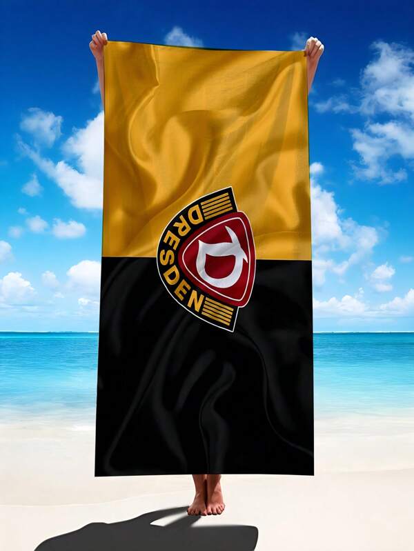 1pc Dresden Dynamo Logo Beach Towel - Lightweight Quick-Dry Polyester Blend, Black & Yellow Stripes With Red Emblem, Large Rectangular Towel For Swimming, Gym, Yoga, Travel, Beach & Camping