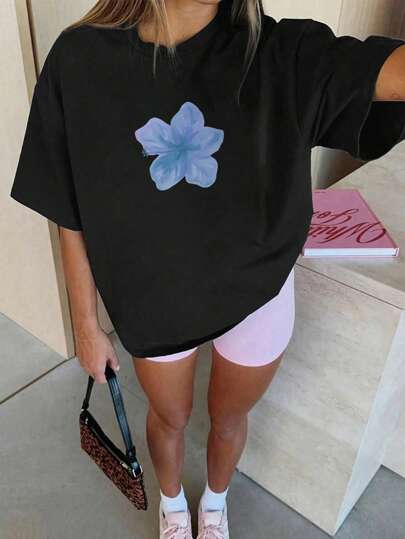 Neue Damen Soft Versatile Blumen bedrucktes Rundhals T-Shirt, lässige Mode für Frühling/Sommer