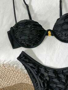 Bikinx Summer Beach Mesh Sexy Underwire Bikini Set, Contrast Color Swimsuit - Black - View 5