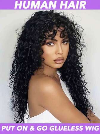 深波浪人发假发带刘海无胶假发巴西人发深卷发假发顶部全机织假发女士松散深卷发假发 150 密度自然色