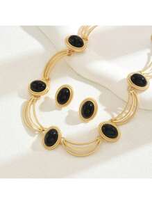 2pcs/Set Vintage Style Black Oval Necklace & Earrings Set, High-End Elegant For Women