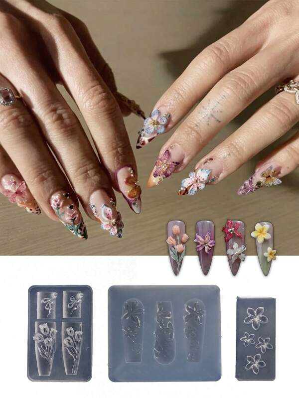 1/3Pcs Exquisite Relief Pattern Nail Art Silicone Carving Tools With Rose, Tulip And Lily Patterns, Suitable For Ladies DIY Design Carving Mold Nail Art Tools