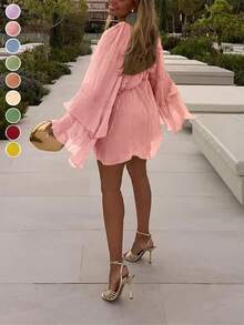 Damen elegantes Chiffon-Lässig Kleid im Resort-Stil mit mehrschichtigen Rüschen-Saum, lässig, Boho/Bohème-Stil, Outfit für Frühling/Sommer, Frühlingsurlaub