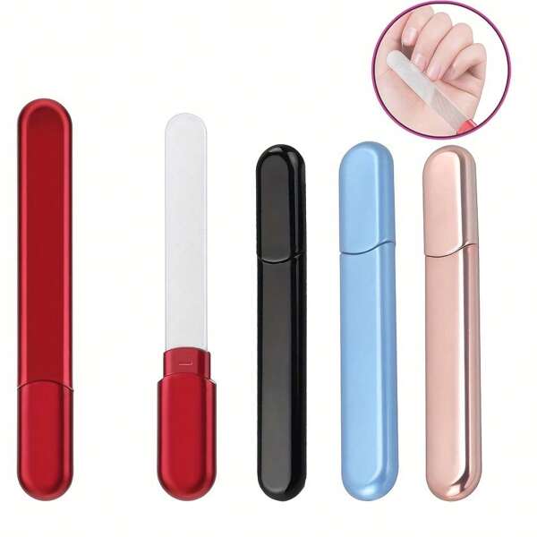 Glass Nail File With Fixed Handle, Portable Plastic Case, For Nail Salon And Beauty Care