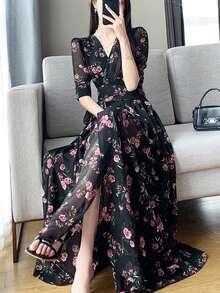 Women's V-Neck Short Sleeve Tie Floral Maxi Dress, High Waist Slim Fit Slit A-Line Dress, Summer Casual Wear For Daily, Date, Beach Vacation, Summer Dresses For Women - 黑色 - 查看 4