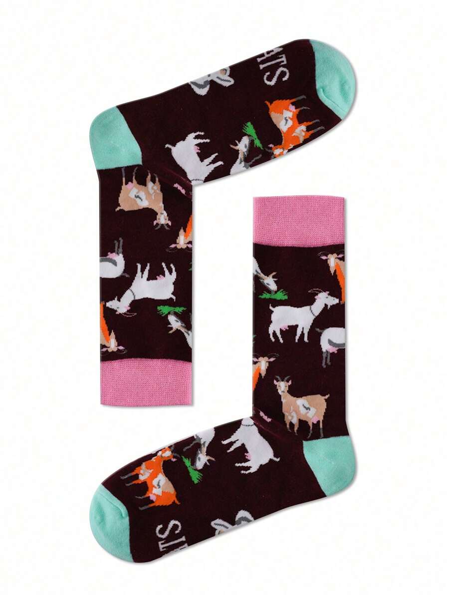 1 par de calcetines medianos con estampado de cabra, versátiles para todas las estaciones
