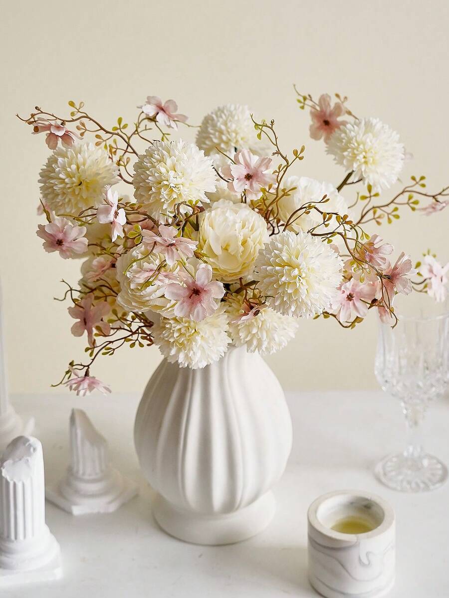 1 件人造花假蒲公英和牡丹花束丝绸樱花牡丹花枝花瓶插花适合秋季家居婚礼新娘装饰餐桌中心装饰，秋季装饰，秋季 - 白色 - 查看 1