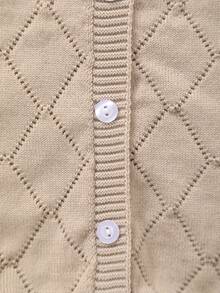 Girls Diamond Plaid Openwork Knitted Cardigan, Round Neck, Casual Wear For Spring/Autumn - 卡其色 - 查看 3