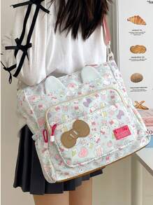 Sanrio Borsa a tracolla stampata coreana, leggera, impermeabile, con una sola spalla, alta capacità, con simpatico motivo KT cat, borsa versatile per cosmetici e forniture scolastiche, per il ritorno a scuola