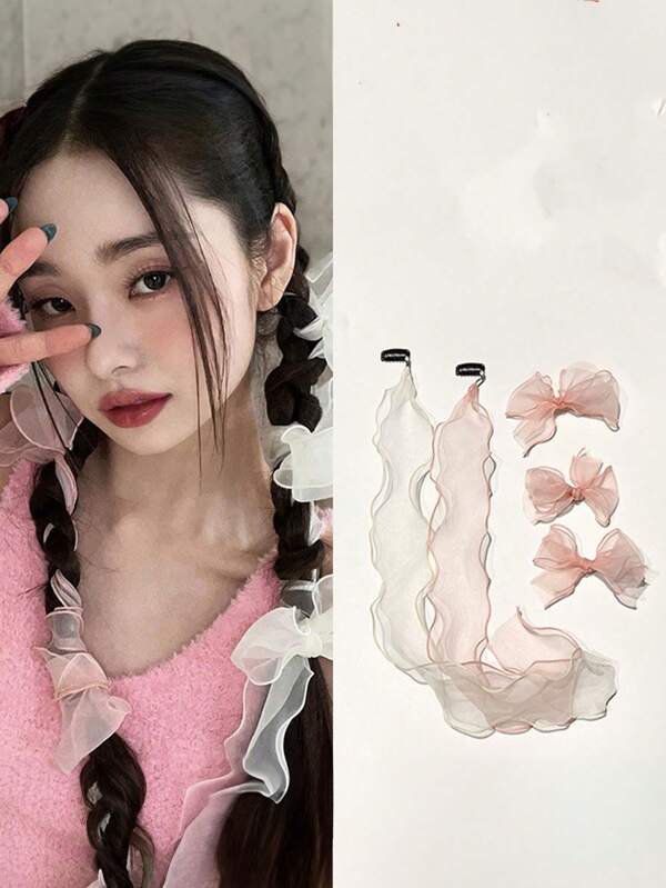 Set da 4 fasce per capelli in rete, fermagli per capelli a fiocco per donne, accessori per capelli di alta qualità con fiocco, fascia per capelli in chiffon stile coreano, mollette