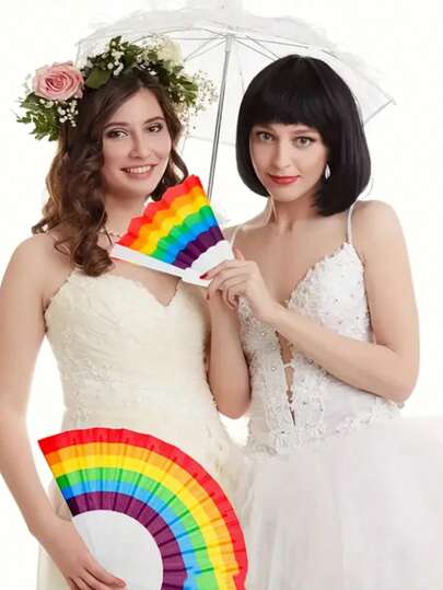 3pcs Rainbow Folding Hand Fan - LGBTQ Pride Wedding And Event Accessories, Colorful Party Gifts, Celebration, Parade And Support Events, Happy Design, Seiko Decoration Badge