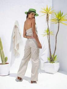 Women's Strapless Tactel Jumpsuit With Cargo Pockets - 米色 - 查看 2