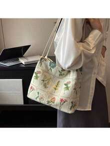 2024 Spring/Summer New Fashion Canvas Tote Bag For Women, Embroidery Print Large Capacity One Shoulder Crossbody Bucket Bag