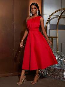 Faeriesty 别致惊艳的单肩 A 字形派对礼服：不对称领口、蓬松喇叭裙、别致的正式礼服 - 非常适合黑色领带晚会、红毯活动、豪华婚礼招待会、精致的颁奖典礼和盛大的晚会 - 紅色 - 查看 5