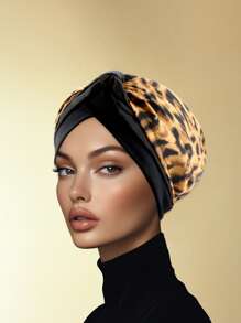 1pc Chic Leopard Print & Black Satin Turban Hat For Women – Pre-Tied Fashion Headwrap For Stylish Looks, Parties, And Casual Wear