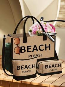 Set de 3 piezas que incluye: bolso de tela de lino con bloques de color, bolso cosmético y bolso cuadrado, serie "Playa", con gran capacidad. La correa para el hombro se puede quitar según la preferencia personal. Incluye un bolso de almacenamiento de cosméticos y un pequeño bolso cuadrado con cremallera que se puede usar como neceser, monedero o estuche de lápices.