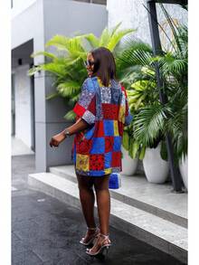 1pc Plus Size Women Color Block African Print Top, Fashionable And Vibrant - Multicolor - View 3