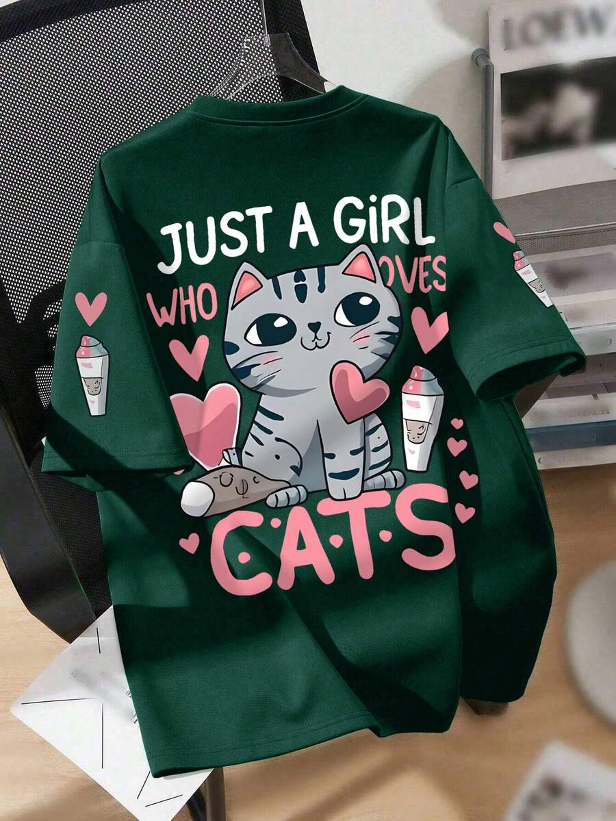 女童卡通猫咪爱心印花圆领T恤，夏季休闲柔软上衣 - 墨綠色 - 查看 1