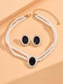 3 Peças/Conjunto Corrente para a Clavícula com Aspecto Luxuoso, Pulseira Curta de Pérola Falsa e Strass Acrílico, Brincos