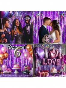 2 Stück Silber Folie Quasten Vorhänge, glänzender Metalldraht Hintergrund, geeignet für die Dekoration von Geburtstagen, Hochzeiten, Partys, Disco-Partys im Stil der 70er, 80er und 90er Jahre, Junggesellenabschiede und Regenbogenpartys (Lila), Weihnachtsdekoration für den Winter