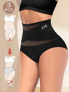 MIOTAN 3pcs Women High Waist Underwear Briefs, Cross Strap Design, Solid Color, Abdomen Control, Elastic, Shaping, Soft, Breathable