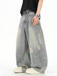 1 szt. Jeansy męskie Justice Brother Casual z przetarciami i rozkloszowaną nogawką, w stylu japońskim, w stylu vintage, z luźnym krojem i szerokimi nogawkami (bez paska i dodatków) - Niebieski - Zobacz 4
