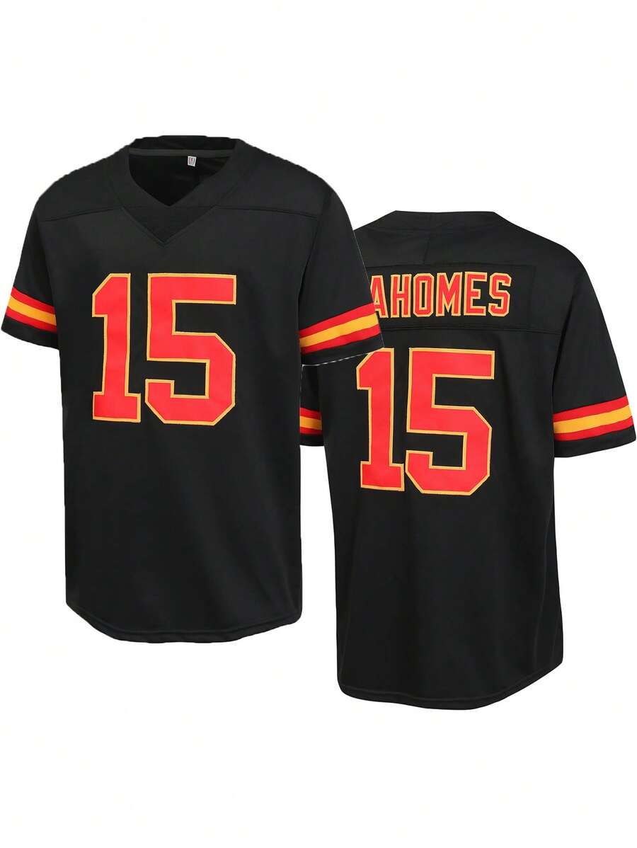 Atonmore Herren 15 Schwarz American Football Trikot Lässiges Kurzarm T-Shirt mit bestickten Nähten und V-Ausschnitt Party Rugby Sport Top
