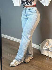 Solid Color Wash Blue High-Waisted Jeans, Loose Diagonal Pocket Zipper Button Open And Close Jeans, Women's Jeans And Clothing - Babyblå - Visa 2