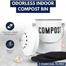 Granrosi cubeta de compostaje para encimera de cocina cubeta de compostaje interior de 1.3 galones con tapa para cocina; cubeta de compostaje a prueba de óxido e inodoro para encimera; 3 filtros de - Blanco - Ver 2