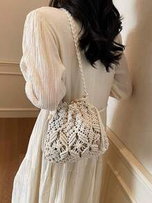 Woven Straw Bag Crossbody Bucket Bag Beach Bag - Beige - View 3