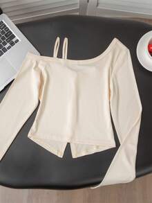 杏色优雅蝴蝶结吊带性感露肩长袖上衣女装，适合约会、外出、通勤、圣诞节、秋冬 - 杏色 - 查看 5