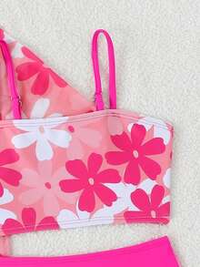 Pink Cherry Blossom & Fresh Green Floral Print Young Girls Bikini Set - Multicolor - View 5