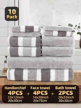 10pcs Set | Modern Minimalist Striped Solid Coral Fleece Towel Set, 4 Face Towels + 4 Hand Towels + 2 Bath Towels/10 Face Towels, Quick-Dry, Soft & Comfortable, Highly Absorbent, For Face Washing, Hand Drying, Hair Drying, Bathing, Suitable For Home, Hotel, Kitchen, Bathroom, Gym, Pool, Travel, Spa, Yoga, Ideal Gift For Valentine's Day Back To School For Beauty Salon Home Bathroom