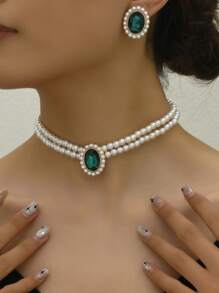 3 Peças/Conjunto Corrente para a Clavícula com Aspecto Luxuoso, Pulseira Curta de Pérola Falsa e Strass Acrílico, Brincos