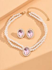 3 Peças/Conjunto Corrente para a Clavícula com Aspecto Luxuoso, Pulseira Curta de Pérola Falsa e Strass Acrílico, Brincos