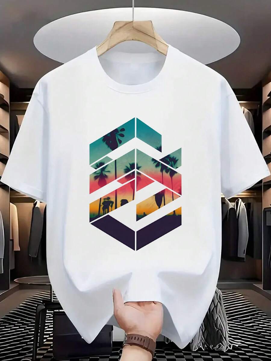 Plus Size Men's Casual Geometric Graphic Print Round Neck Short Sleeve T-Shirt, Summer - White - View 1