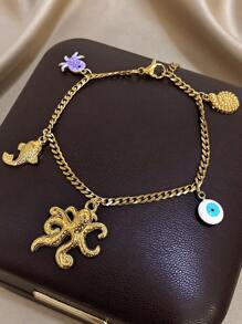 1Pc 18K Gold Plated Bohemia Ocean Octopus, Fish, Shell & Evil Eye Charms Bracelet For Women Girls, Fade-Resistant Stainless Steel Jewelry, Mom Gift, Teacher Gift, Summer Travel Beach Jewelry, Rave/Prom/Party/Daily Accessories, Back To School Gift, Birthday Gift, Pride Accessories