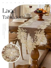 1 pièce Chemin de table semi-transparent exquis avec broderie florale 3D et perles, style élégant de palais européen romantique, broderie détaillée, convient pour la cuisine, la salle à manger, le salon, la maison, les fêtes, l'hôtel, le restaurant, le mariage, le banquet, les célébrations de fêtes, la décoration de table à manger, cadeau de fête, disponible en plusieurs tailles, décoration de table, décoration Eid, chemin de table, rectangle - Doré - Voir 5