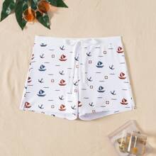 Men's Anchor Print Drawstring Swimming Trunks - Stretchy Fabric, White With Red & Blue Anchor Design, Suitable For Summer Beach And Swimming Pool