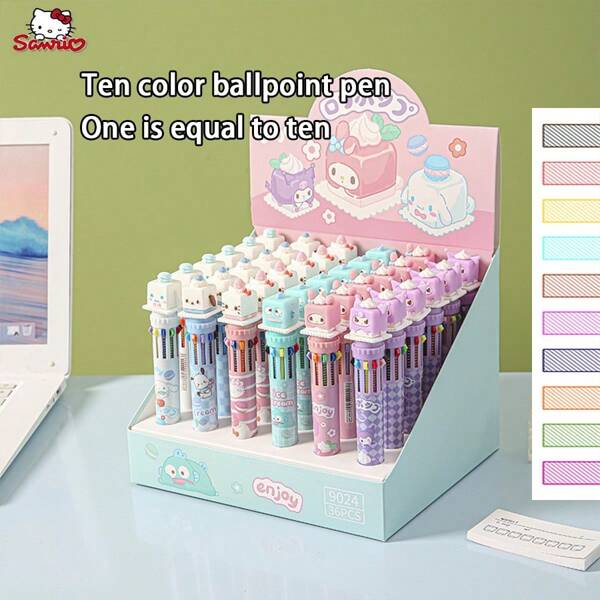 1/6 pezzi Penna a sfera Sanrio a 10 colori, penna a pressione multicolore, penna colorata a forma di testa quadrata, articoli di cancelleria per ufficio, un penna equivale a dieci penne multicolore, forniture scolastiche, ritorno a scuola