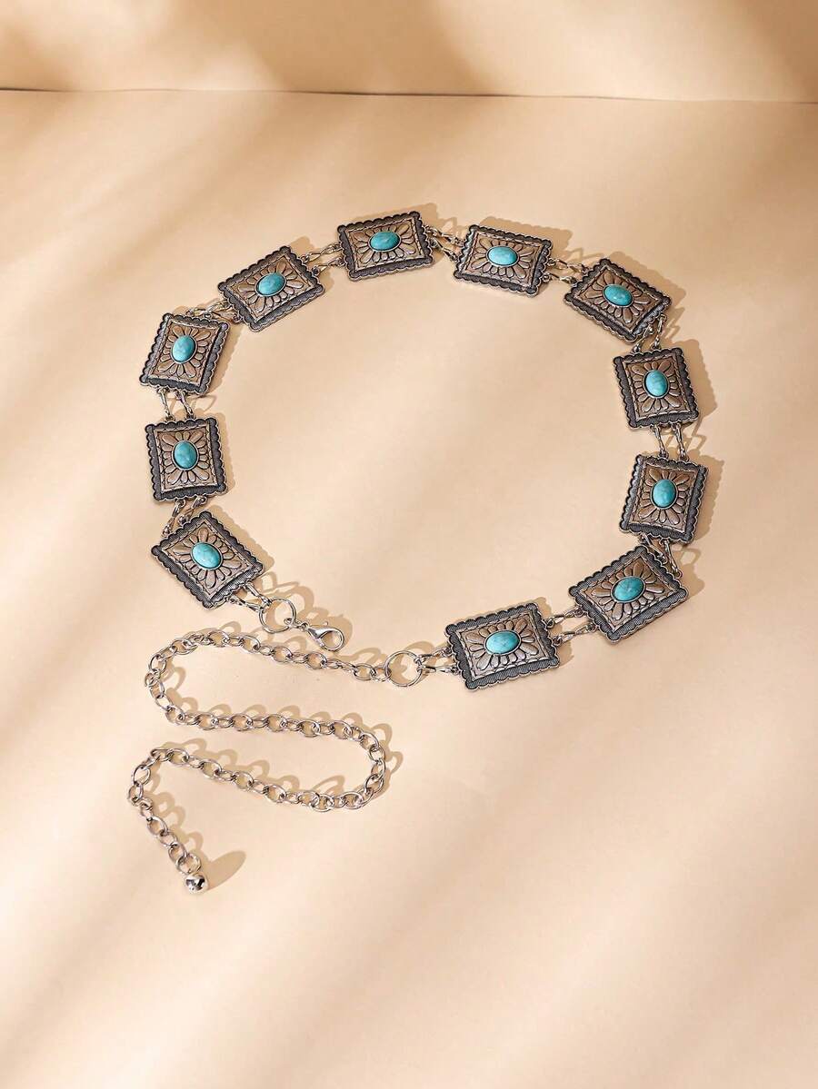 1 件女士复古风格腰链，银色装饰百搭休闲夏秋秋季万圣节