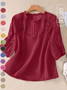 Women's Embroidered Loose Retro Boho Style Mid-Sleeve Blouse, Spring/Summer - Rose Red - View 7