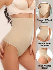 Women High Waisted Body Shaper Compression Pants With Tummy Control Thong Shapewear, Slimming Underwear Girdle Plus Size - 米色 - 查看 2