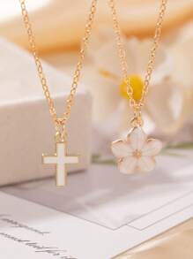 2pcs/Set Fashion Delicate Elegant Sweet Cross & Five-Petal Flower Pendant Necklace For Women, Suitable For Summer Beach Party Holiday Travel Daily Wear, Gift For Girlfriend/Wife