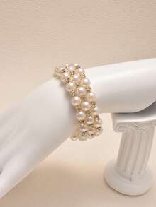 1pc Simple Fashion Triple Pearl & Rhinestone Adjustable Wire Cuff Bracelet, Lightweight & Elegant, Suitable For Daily Life And Parties, Ideal Teenage Girl Jewelry Gift